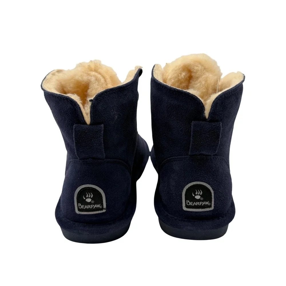 Bearpaw Suede Lace Up Boots Womens 8 Navy Blue New Sheepskin Fur Trim 2198W